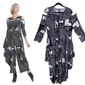 IC by Connie K Art to Wear Jump Suit Size XL Newspaper Print Funky
